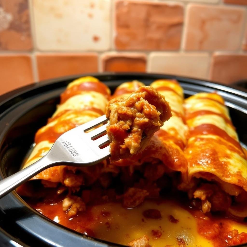 Slow cooker enchiladas, simmering with a rich blend of spices and melted cheese, sit atop a backdrop of rustic terracotta tiles. The enchiladas are bathed in a warm, golden glow from overhead lighting, casting gentle shadows that accentuate their handcrafted appearance. In the foreground, a fork gently pierces the layers, revealing the tender, shredded meat and vibrant red sauce within. The scene evokes a sense of homemade comfort and the alluring aroma of authentic Mexican cuisine, perfectly capturing the magic of slow-cooked specialties. Slow cooker enchiladas, simmering with a rich blend of spices and melted cheese, sit atop a backdrop of rustic terracotta tiles. The enchiladas are bathed in a warm, golden glow from overhead lighting, casting gentle shadows that accentuate their handcrafted appearance. In the foreground, a fork gently pierces the layers, revealing the tender, shredded meat and vibrant red sauce within. The scene evokes a sense of homemade comfort and the alluring aroma of authentic Mexican cuisine, perfectly capturing the magic of slow-cooked specialties.