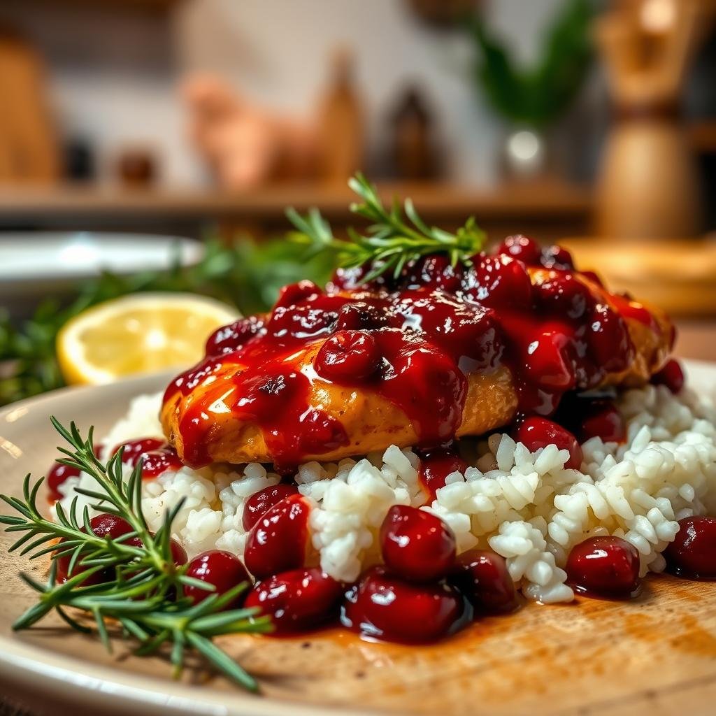 Tempting Cranberry Chicken: A Vibrant Culinary Masterpiece A succulent chicken breast, coated in a glistening cranberry sauce, nestled atop a bed of fluffy white rice. The foreground showcases the dish in all its glory, the cranberries providing a striking contrast to the golden-brown chicken. Subtle shadows and highlights accentuate the dish's texture and depth. In the middle ground, a scatter of fresh rosemary sprigs and lemon wedges add a touch of freshness, while the background features a warm, cozy kitchen setting with wooden accents and soft, ambient lighting, creating an inviting and mouthwatering atmosphere.