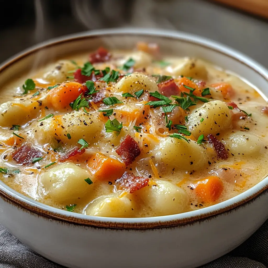 Cheddar Gnocchi Soup with gnocchi, turkey bacon, and melted cheese in a creamy golden broth.