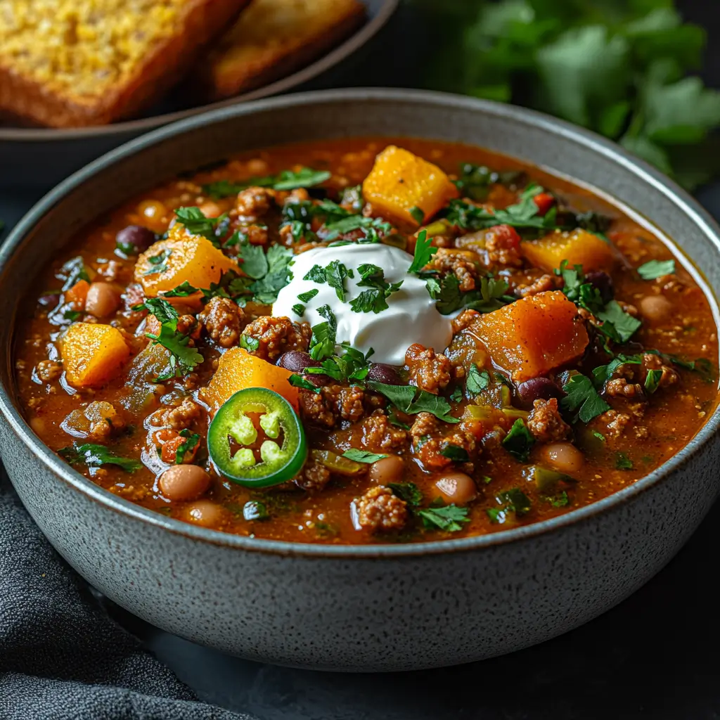 Bowl of Pumpkin Green Chili topped with sour cream, cilantro, and jalapeños.