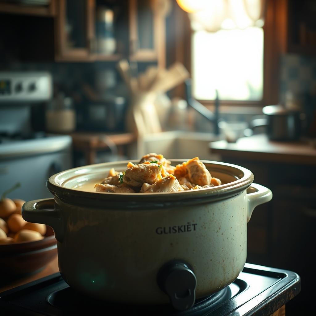 A cozy, dimly lit kitchen scene with a large, vintage-style slow cooker taking center stage. The pot is filled with a creamy, golden-hued chicken stew, the aroma of garlic, herbs, and tender meat wafting through the air. Soft, warm lighting casts a comforting glow, highlighting the textured ceramic surface of the slow cooker. In the background, blurred kitchen appliances and utensils suggest a well-equipped cooking space. The overall atmosphere evokes a sense of homespun, rustic charm, inviting the viewer to imagine the delicious, hearty meal within.