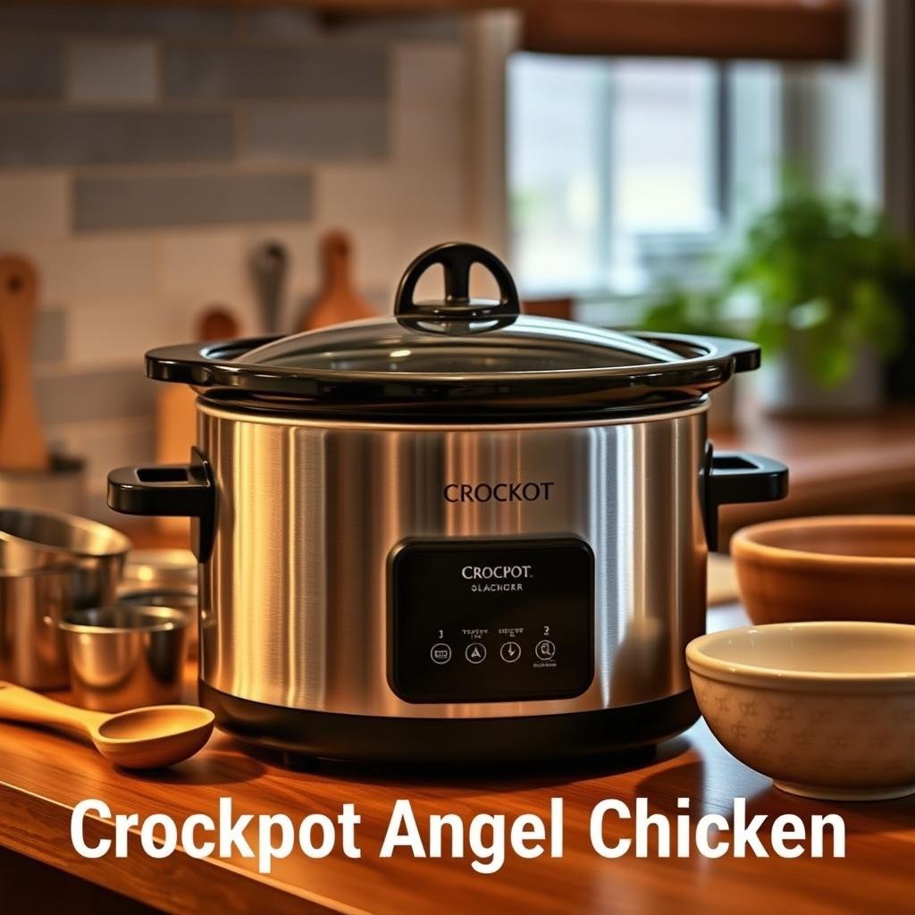 A cozy kitchen scene with a modern slow cooker taking center stage. The appliance sits on a wooden countertop, its gleaming metallic exterior reflecting the warm ambient lighting. Surrounding it are various kitchen tools - a set of measuring cups, a wooden spoon, and a sturdy ceramic bowl. In the background, glimpses of a tiled backsplash and a few potted herbs on the windowsill create a homey, inviting atmosphere. The image conveys a sense of comfort and culinary preparation, perfectly suited for the "Crockpot Angel Chicken" recipe.