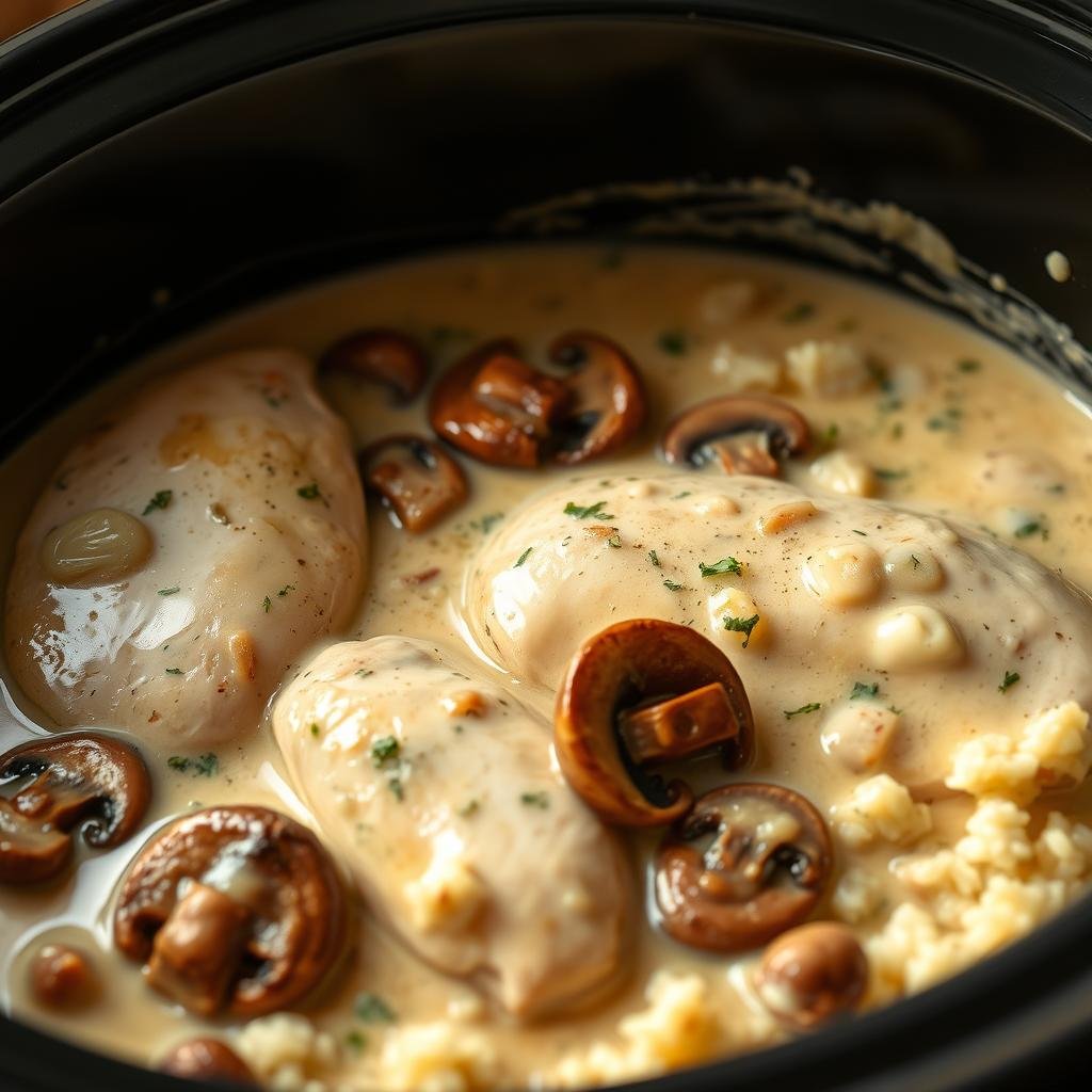A creamy, luscious chicken dish simmers gently in a classic crockpot, its aroma filling the kitchen. Tender chicken breasts nestle in a silky sauce of cream cheese, garlic, and herbs, creating an irresistibly rich and flavorful meal. Glistening mushrooms and onions add depth and texture, while the crockpot's slow cooking ensures every bite is melt-in-your-mouth perfection. Served over a bed of fluffy rice or creamy mashed potatoes, this "Crockpot Marry Me Chicken" is a comforting, indulgent dish that will have your taste buds begging for more. Soft, natural lighting illuminates the dish, highlighting its luscious, creamy appearance and inviting you to take a bite.