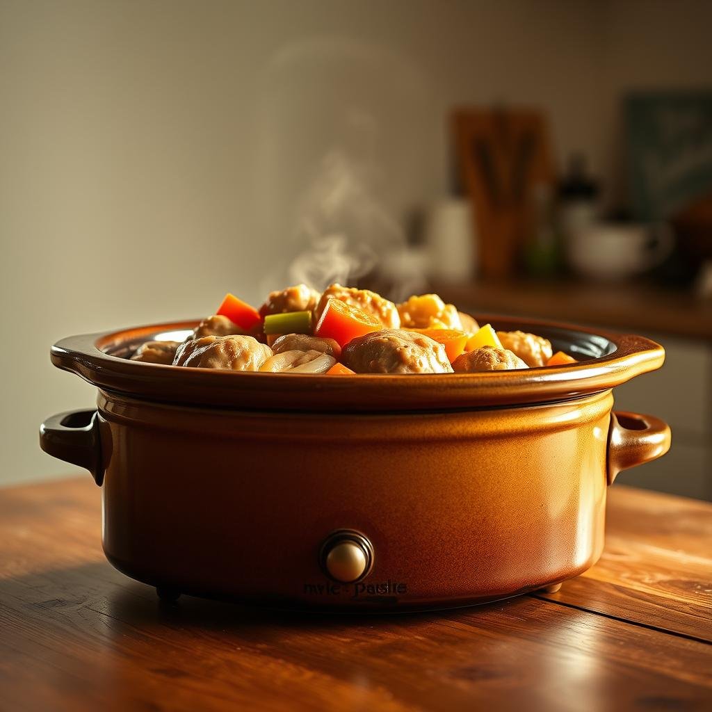 A delectable crockpot chicken dish rests atop a wooden table, steam gently rising from the succulent meat. The tender chicken pieces are nestled in a rich, creamy sauce, accompanied by vibrant vegetables like carrots, celery, and onions. Warm, indirect lighting casts a cozy glow, highlighting the rustic ceramic crockpot and the inviting aroma of the dish. In the background, a simple, minimalist kitchen setting provides a clean, uncluttered backdrop, allowing the mouthwatering crockpot creation to take center stage. The scene exudes a comforting, homey atmosphere, perfectly capturing the essence of a successful crockpot chicken dish.