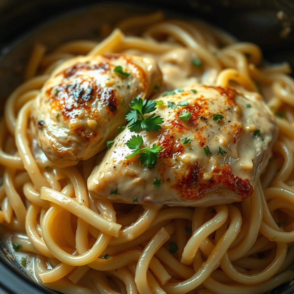 A delectable crockpot dish of tender, juicy angel chicken in a creamy, herb-infused sauce, served atop a bed of perfectly al dente pasta. The chicken is seared to golden perfection, infusing the sauce with its savory essence. Fragrant garlic, aromatic rosemary, and a touch of lemon zest elevate the flavors, while a rich, velvety texture envelops every bite. Soft, pillowy pasta strands intertwine with the chicken, creating a harmonious fusion of textures. Warm, inviting lighting casts a gentle glow, highlighting the dish's comforting, homemade appeal. A sprinkling of freshly chopped parsley adds a vibrant, fresh contrast, completing the visually stunning and appetite-whetting presentation.