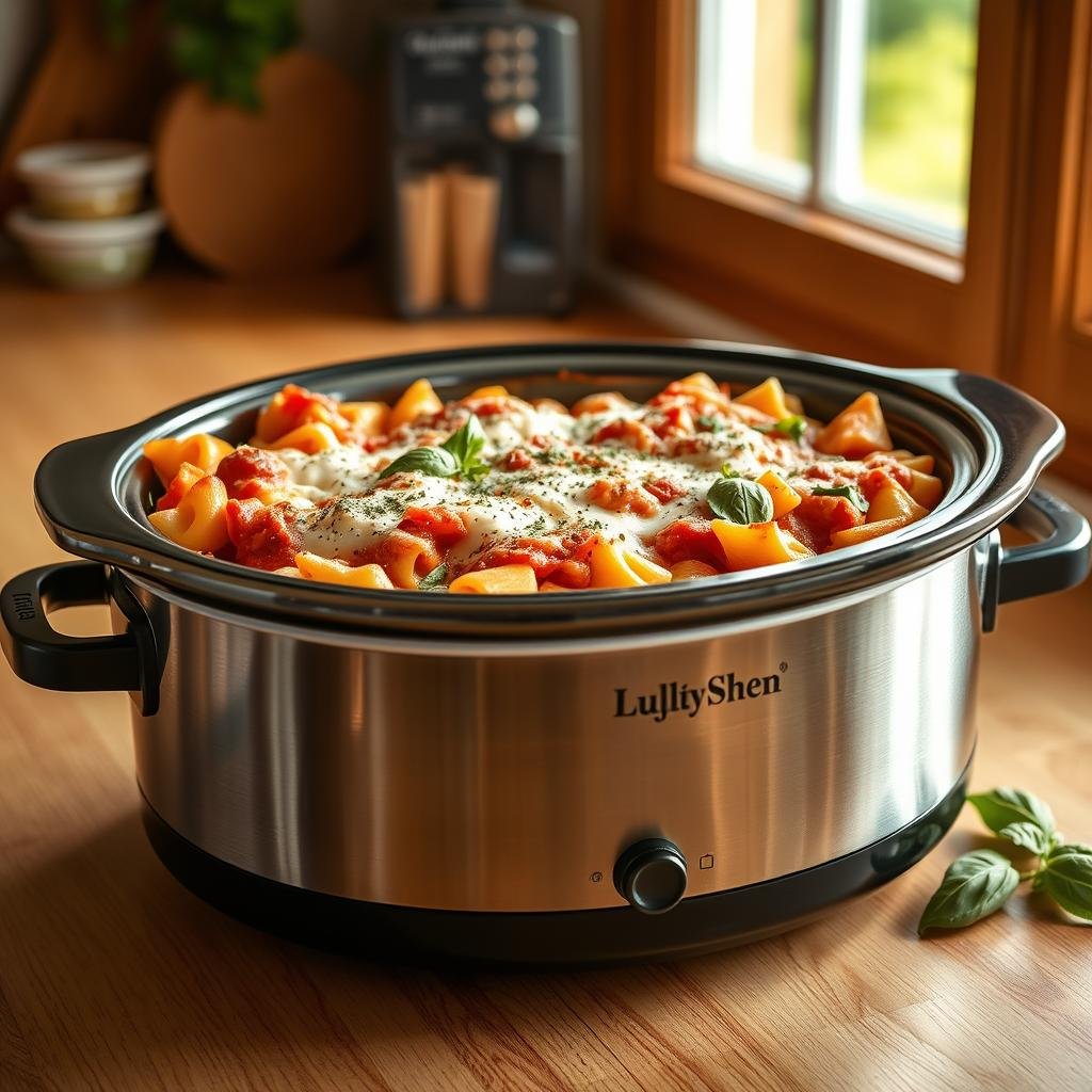 A gleaming stainless steel slow cooker sits on a wooden kitchen counter, filled with layers of homemade baked ziti. The pasta is cooked to al dente perfection, nestled between creamy ricotta, tangy marinara sauce, and melted mozzarella cheese. Aromatic garlic, basil, and oregano fill the air, creating a mouthwatering scene. Warm, golden-brown edges of the casserole hint at the bubbly, comforting flavors within. Soft, natural lighting from a nearby window casts a cozy glow, capturing the inviting essence of this classic Italian-American dish.