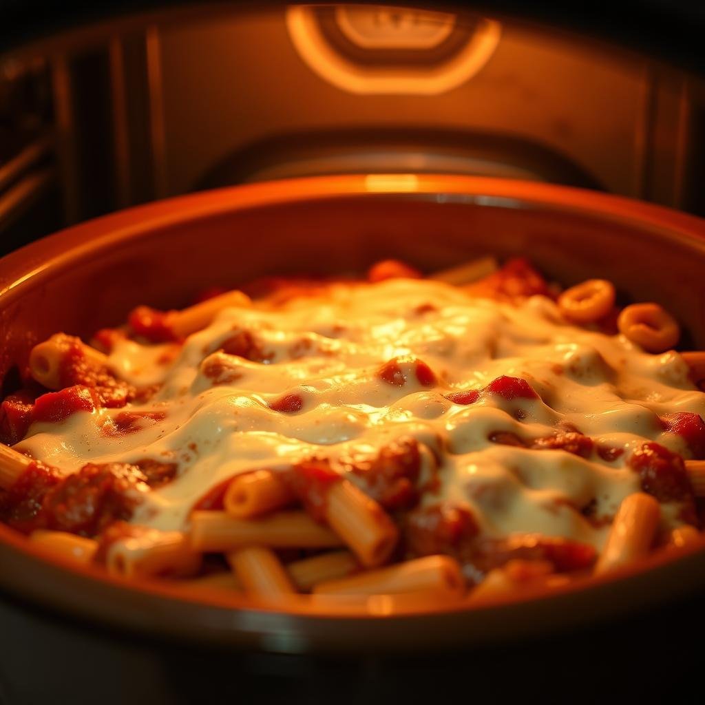 A mouthwatering slow cooker baked ziti, with layers of al dente pasta, rich tomato sauce, creamy ricotta, and melted mozzarella. The dish is bathed in a warm, golden glow from the oven's interior, creating an inviting and comforting atmosphere. Seen from a slightly elevated angle, the ziti is presented in a rustic, earthenware baking dish, with a subtle vignette effect drawing the viewer's attention to the center of the frame. The scene evokes a sense of homemade, slow-cooked indulgence, perfectly suited to the "Magic of Slow-Cooked Pasta Dishes" section of the article.