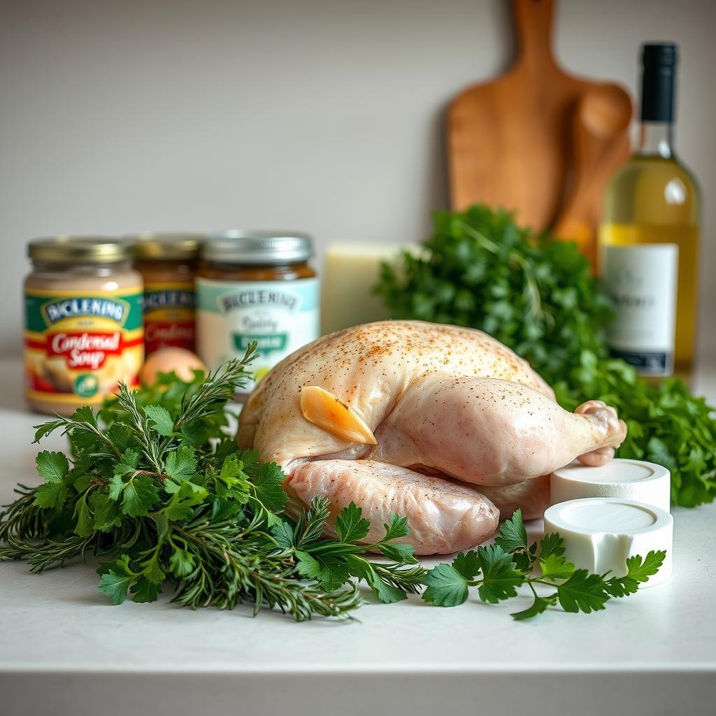 A neatly arranged still life of the essential ingredients for Crockpot Angel Chicken. In the foreground, a whole chicken, seasoned and ready for the slow cooker. Surrounding it, a variety of fresh herbs - rosemary, thyme, and parsley - their verdant leaves contrasting with the warm, earthy tones of the chicken. In the middle ground, jars of creamy condensed soup, a block of cream cheese, and a bottle of white wine. The background features a neutral, softly-lit kitchen countertop, with a wooden chopping board and simple kitchen utensils, creating a cozy, homemade atmosphere. The lighting is natural and diffused, highlighting the textures and colors of the ingredients, inviting the viewer to imagine the delicious, comforting Crockpot Angel Chicken dish.