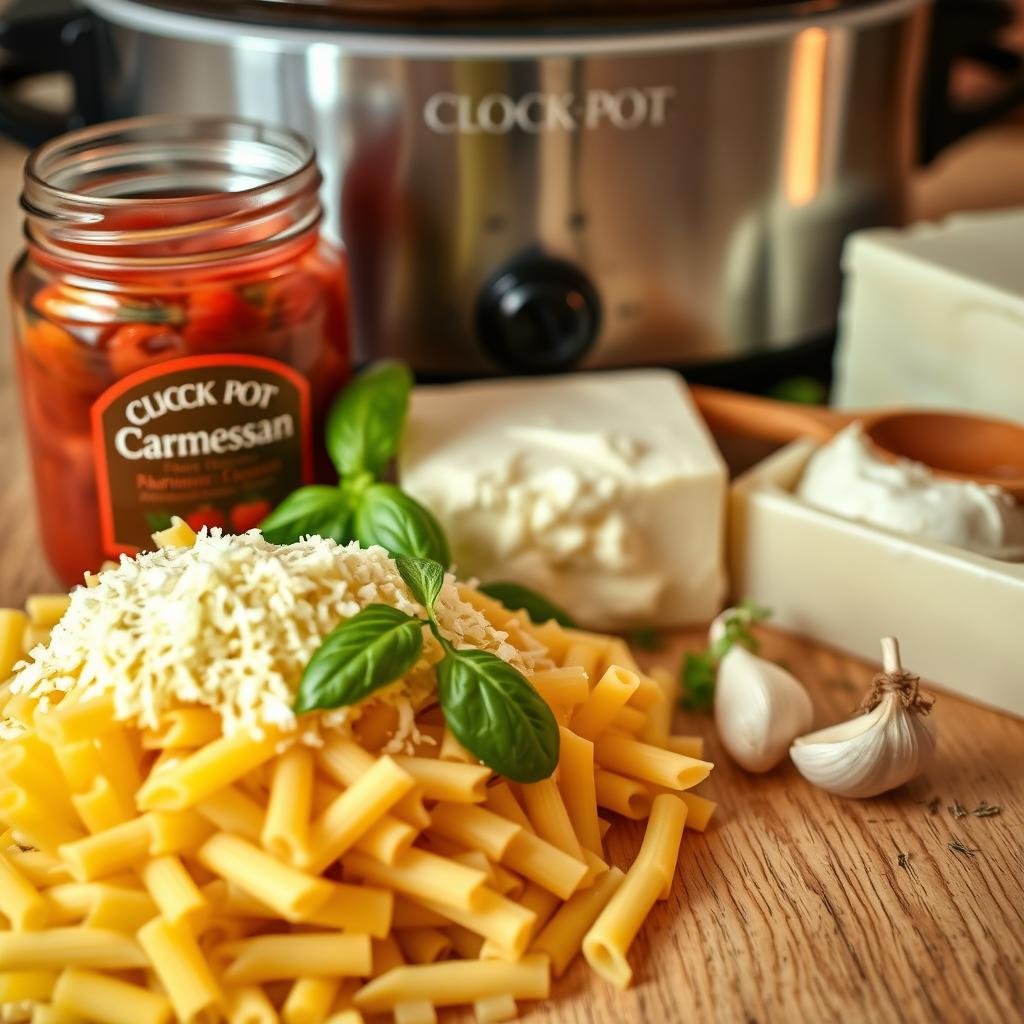 A neatly organized arrangement of essential ingredients for a delicious Crock Pot Baked Ziti dish. In the foreground, a pile of uncooked ziti pasta, grated Parmesan cheese, and a jar of marinara sauce. In the middle ground, a block of creamy ricotta cheese, freshly chopped basil, and a clove of garlic. In the background, a Crock Pot slow cooker, a wooden spoon, and a sprinkle of dried oregano. The lighting is soft and warm, creating a cozy, inviting atmosphere. The camera angle is slightly elevated, giving a birds-eye view of the neatly arranged ingredients, ready to be combined for a comforting and flavorful Crock Pot Baked Ziti dish.