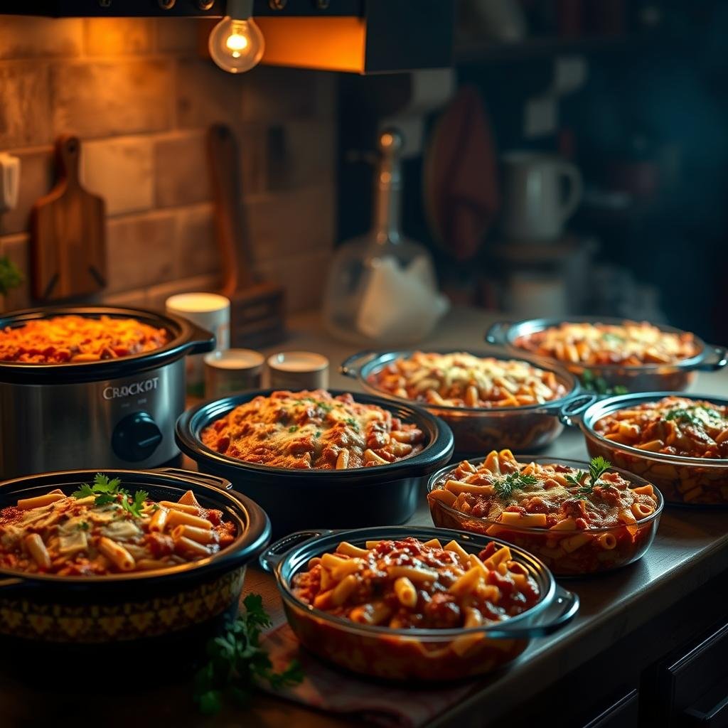 A rustic kitchen counter, dimly lit by warm, natural lighting. Atop the counter, an assortment of Crock Pot Baked Ziti variations unfolds - a classic dish with a twist. Bubbling casserole dishes showcase layers of pasta, rich tomato sauce, melted cheese, and an array of customizable add-ins. Vibrant bell peppers, tender mushrooms, and fragrant herbs accent the scene, hinting at the myriad of personalization possibilities. The mood is cozy and inviting, inspiring the viewer to envision themselves crafting their own signature Crock Pot Baked Ziti creation.