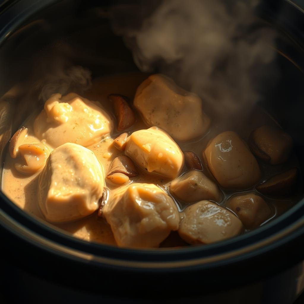 A slow-simmering Crockpot filled with creamy, tender Angel Chicken, the aroma of garlic, herbs, and simmering chicken wafting through the air. Glistening chunks of chicken breasts nestled in a rich, velvety sauce, caramelized onions and mushrooms adding depth of flavor. Rays of warm, diffuse light filter through the cloudy glass of the slow cooker, casting a cozy, inviting glow. The scene is peaceful, unhurried, as the chicken cooks to perfection, becoming more tender and flavorful with each passing hour. An intimate, homey atmosphere, perfect for the "Crockpot Marry Me Chicken" dish.