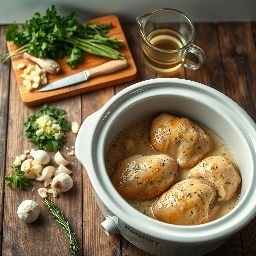 A well-lit, high-angle view of a rustic wooden kitchen countertop. In the foreground, a white ceramic crockpot filled with tender, golden-brown chicken breasts in a creamy, herb-infused sauce. Surrounding the crockpot are fresh herbs, diced onions, garlic cloves, and a few sprigs of rosemary. In the middle ground, a wooden cutting board with a sharp knife, and a glass measuring cup filled with a clear liquid. The background features a neutral, soft-focus backdrop, emphasizing the preparation process. The overall scene conveys a cozy, homemade atmosphere, perfect for an easy, comforting Crockpot Angel Chicken dish.