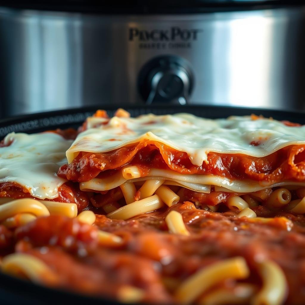 Crock Pot Baked Ziti layering technique: A close-up view of a section of a large casserole dish, showcasing the classic layers of a homemade Baked Ziti dish. In the foreground, cooked ziti noodles are arranged in a uniform pattern, topped with a rich, creamy tomato sauce. The middle ground features thick layers of melted mozzarella cheese, creating a golden-brown crust on the surface. In the background, a glimpse of the sturdy crock pot itself, with its ceramic interior and brushed metal exterior, setting the scene for this comforting, slow-cooked Italian classic. Soft, indirect lighting illuminates the dish, highlighting the inviting textures and flavors. The overall mood is one of rustic simplicity and mouthwatering anticipation.