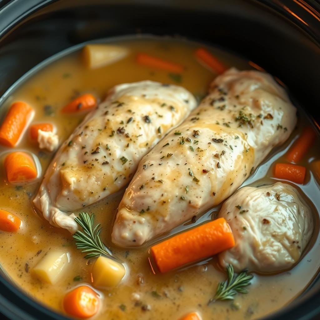 Delicious Crockpot Angel Chicken, a comforting family favorite, simmering in a creamy, herb-infused sauce. The tender chicken breasts are nestled among vibrant vegetables, bathed in a golden-hued broth that glistens under the soft, warm lighting. The scene evokes a cozy, inviting atmosphere, perfect for a satisfying home-cooked meal. The camera angles capture the dish from various perspectives, showcasing its mouthwatering details - the succulent chicken, the vibrant carrots and celery, and the rich, velvety sauce. The entire composition exudes a sense of homemade goodness, making it the ideal centerpiece for a family gathering around the dinner table.